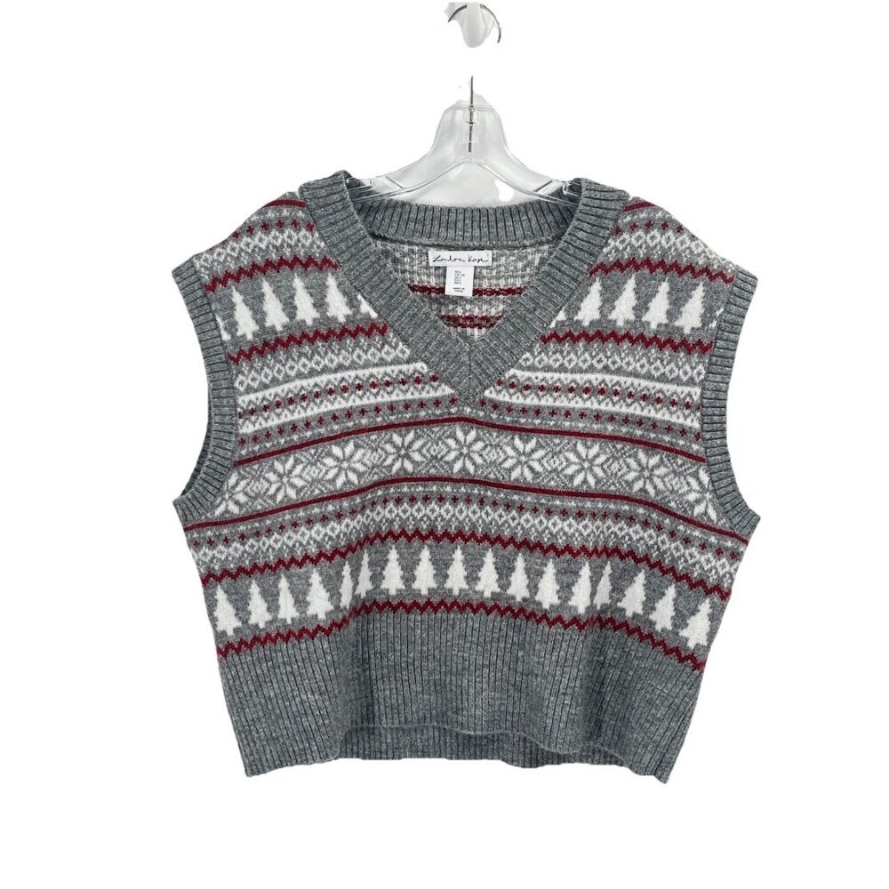 London Kaye Sweater Vest Gray Cropped Sz Large Fair Isle Nordic